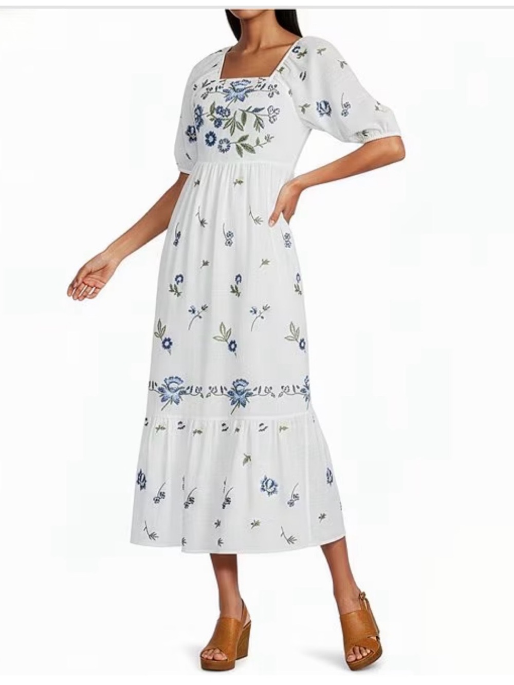 Reba Wild Child Voile Square Neck Elbow Sleeve Floral Embroidery A-Line Dress